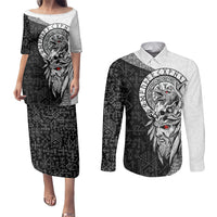 Viking Odin Couples Matching Puletasi Dress and Long Sleeve Button Shirts Ravens of Valhalla with Helm of Awe and Ancient Rune Patterns - Wonder Print Shop