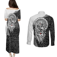 Viking Odin Couples Matching Puletasi Dress and Long Sleeve Button Shirts Ravens of Valhalla with Helm of Awe and Ancient Rune Patterns - Wonder Print Shop