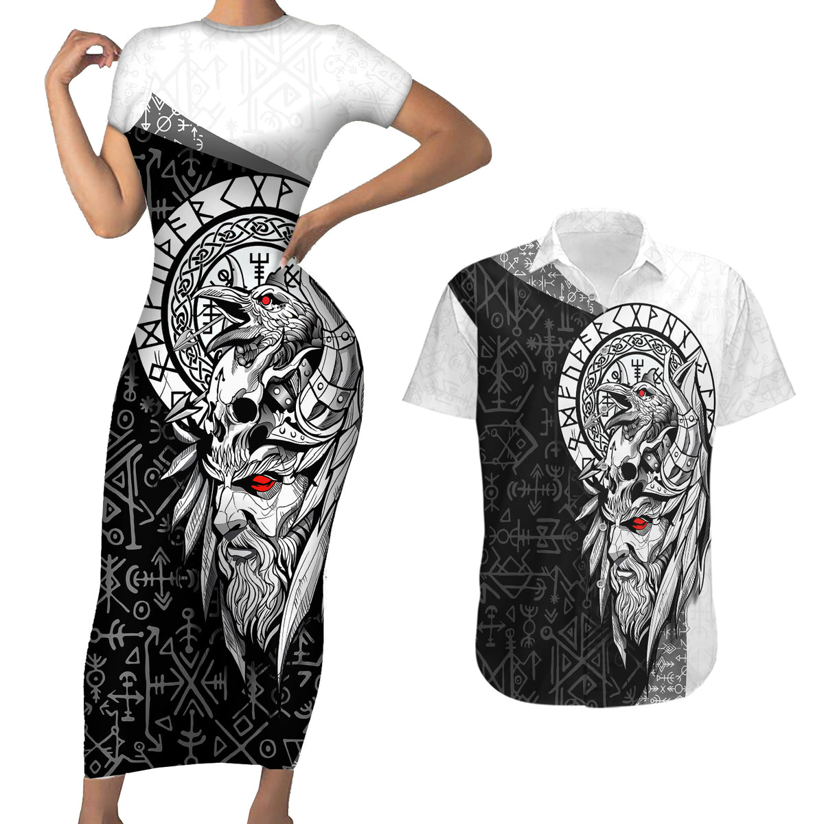 Viking Odin Couples Matching Short Sleeve Bodycon Dress and Hawaiian Shirt Ravens of Valhalla with Helm of Awe and Ancient Rune Patterns - Wonder Print Shop