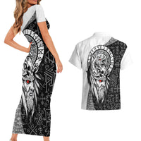 Viking Odin Couples Matching Short Sleeve Bodycon Dress and Hawaiian Shirt Ravens of Valhalla with Helm of Awe and Ancient Rune Patterns - Wonder Print Shop