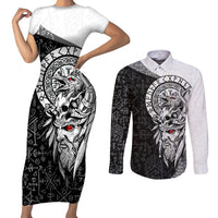 Viking Odin Couples Matching Short Sleeve Bodycon Dress and Long Sleeve Button Shirts Ravens of Valhalla with Helm of Awe and Ancient Rune Patterns - Wonder Print Shop