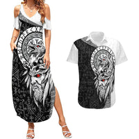 Viking Odin Couples Matching Summer Maxi Dress and Hawaiian Shirt Ravens of Valhalla with Helm of Awe and Ancient Rune Patterns - Wonder Print Shop