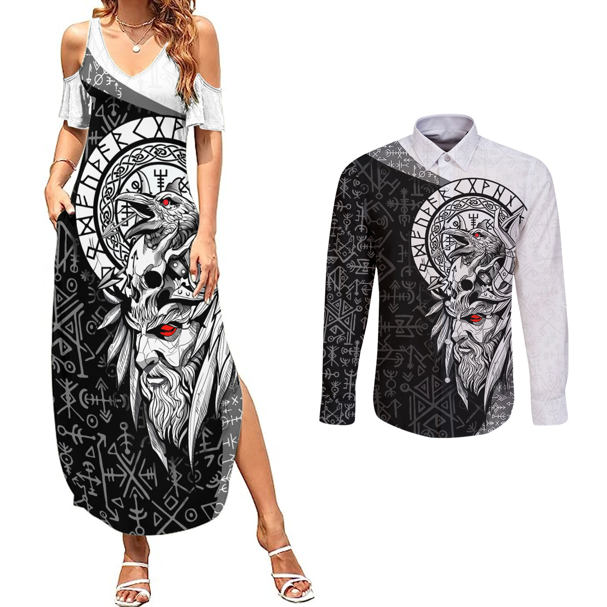 Viking Odin Couples Matching Summer Maxi Dress and Long Sleeve Button Shirts Ravens of Valhalla with Helm of Awe and Ancient Rune Patterns - Wonder Print Shop