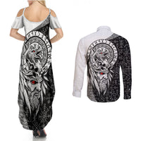 Viking Odin Couples Matching Summer Maxi Dress and Long Sleeve Button Shirts Ravens of Valhalla with Helm of Awe and Ancient Rune Patterns - Wonder Print Shop
