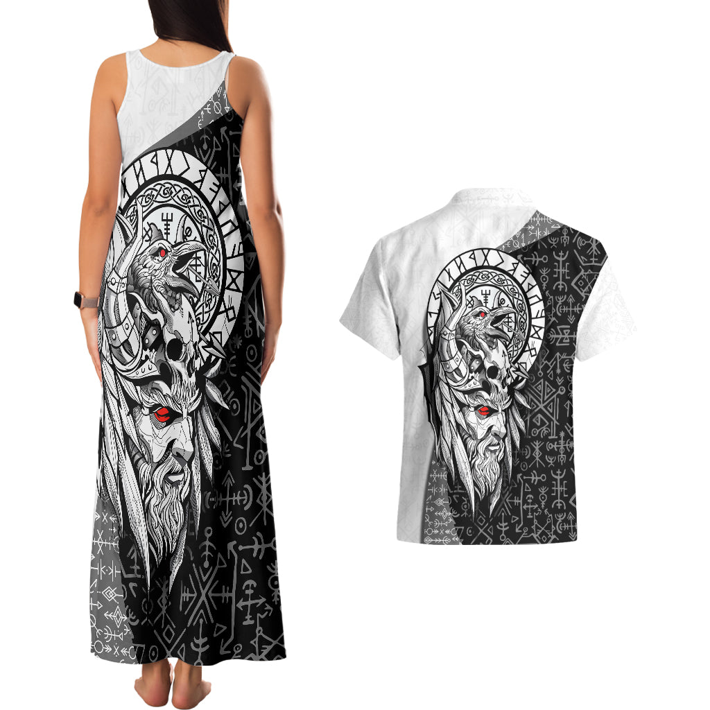 Viking Odin Couples Matching Tank Maxi Dress and Hawaiian Shirt Ravens of Valhalla with Helm of Awe and Ancient Rune Patterns - Wonder Print Shop