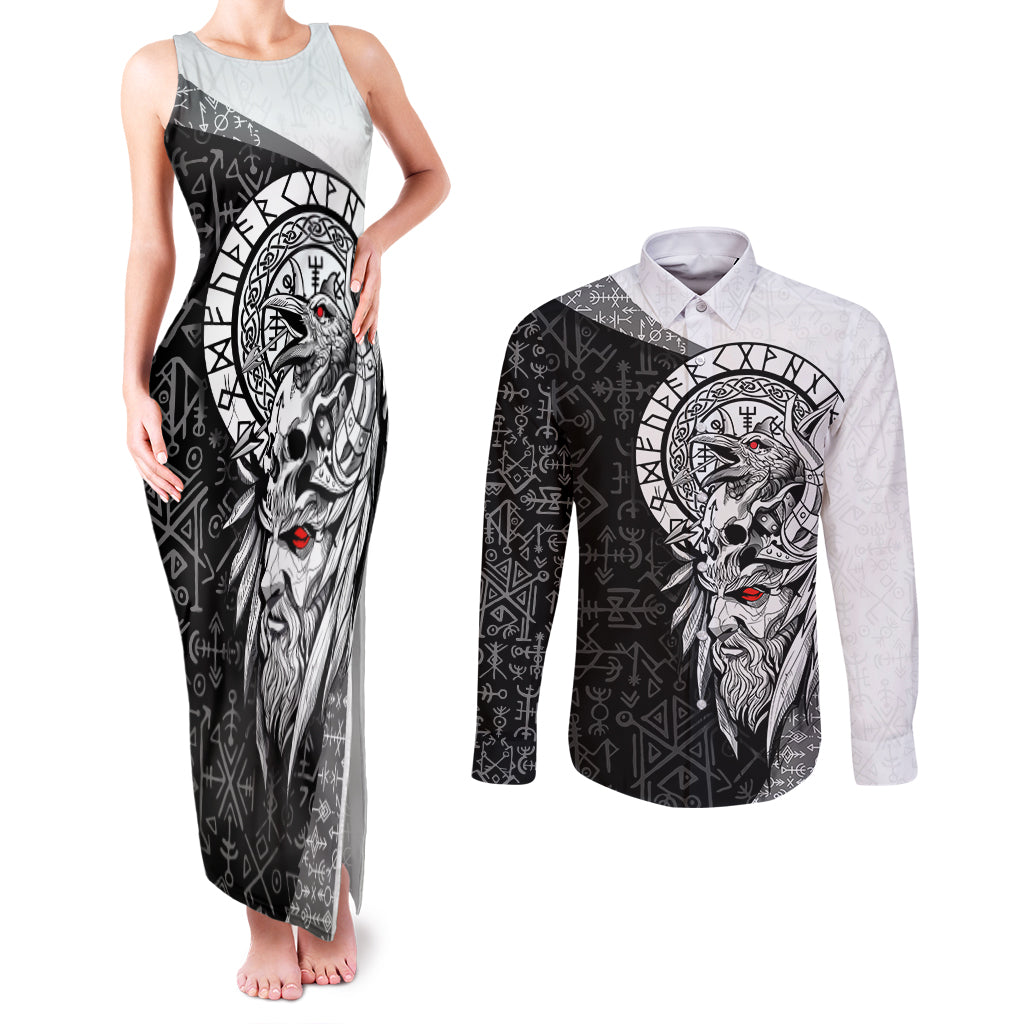 Viking Odin Couples Matching Tank Maxi Dress and Long Sleeve Button Shirts Ravens of Valhalla with Helm of Awe and Ancient Rune Patterns - Wonder Print Shop