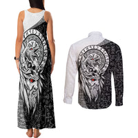 Viking Odin Couples Matching Tank Maxi Dress and Long Sleeve Button Shirts Ravens of Valhalla with Helm of Awe and Ancient Rune Patterns - Wonder Print Shop