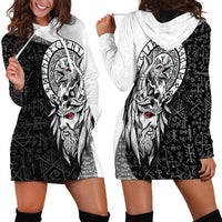 Viking Odin Hoodie Dress Ravens of Valhalla with Helm of Awe and Ancient Rune Patterns - Wonder Print Shop