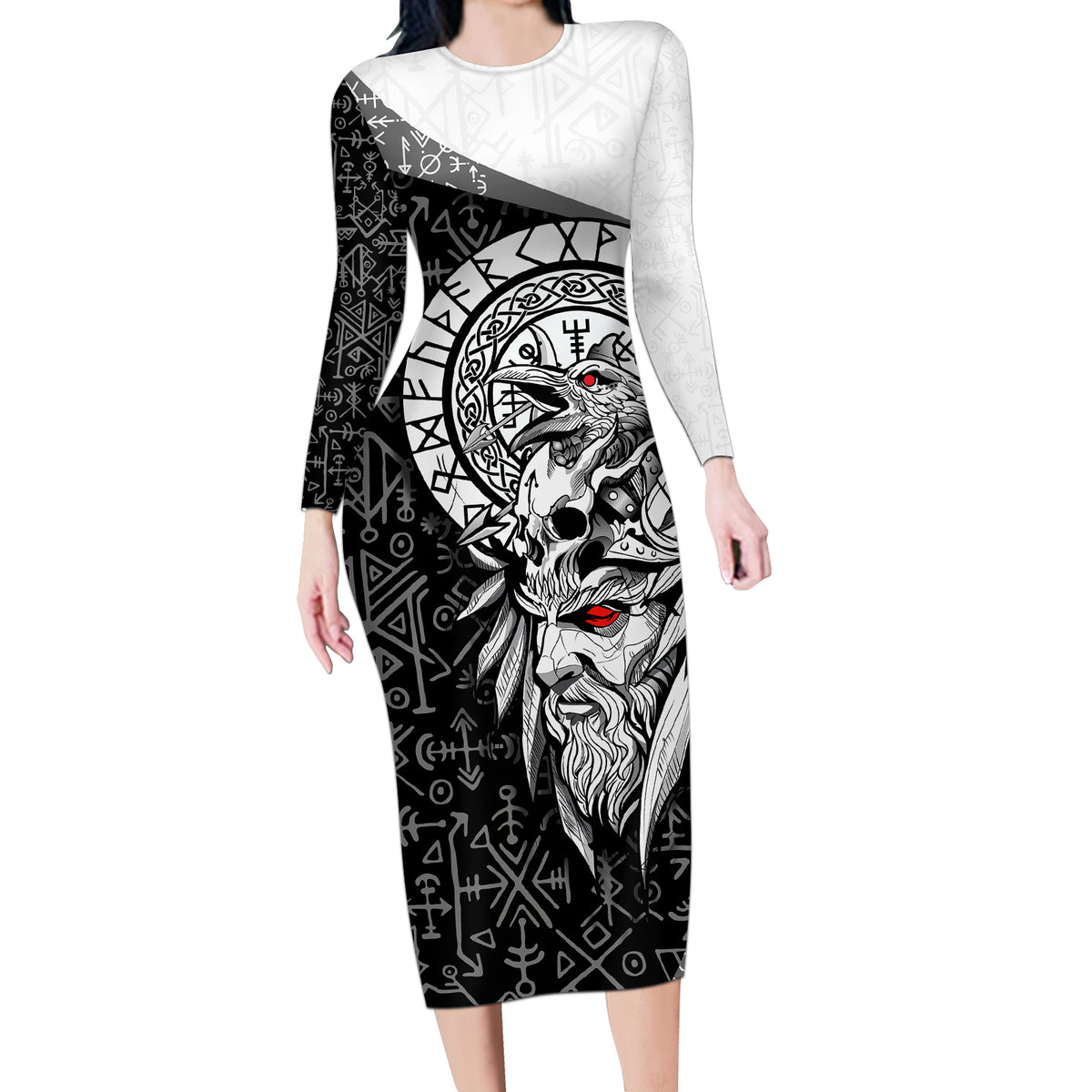 Viking Odin Long Sleeve Bodycon Dress Ravens of Valhalla with Helm of Awe and Ancient Rune Patterns - Wonder Print Shop