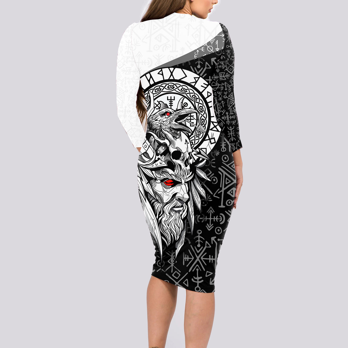 Viking Odin Long Sleeve Bodycon Dress Ravens of Valhalla with Helm of Awe and Ancient Rune Patterns - Wonder Print Shop