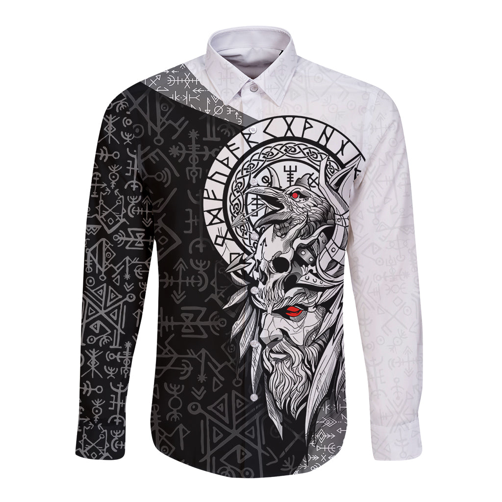Viking Odin Long Sleeve Button Shirt Ravens of Valhalla with Helm of Awe and Ancient Rune Patterns - Wonder Print Shop