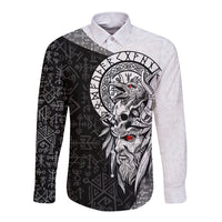 Viking Odin Long Sleeve Button Shirt Ravens of Valhalla with Helm of Awe and Ancient Rune Patterns - Wonder Print Shop