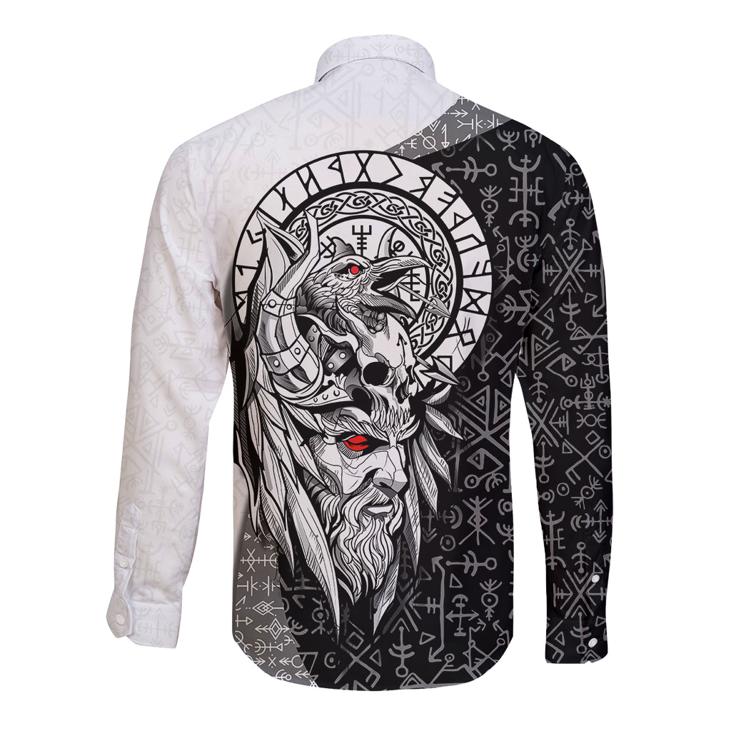 Viking Odin Long Sleeve Button Shirt Ravens of Valhalla with Helm of Awe and Ancient Rune Patterns - Wonder Print Shop