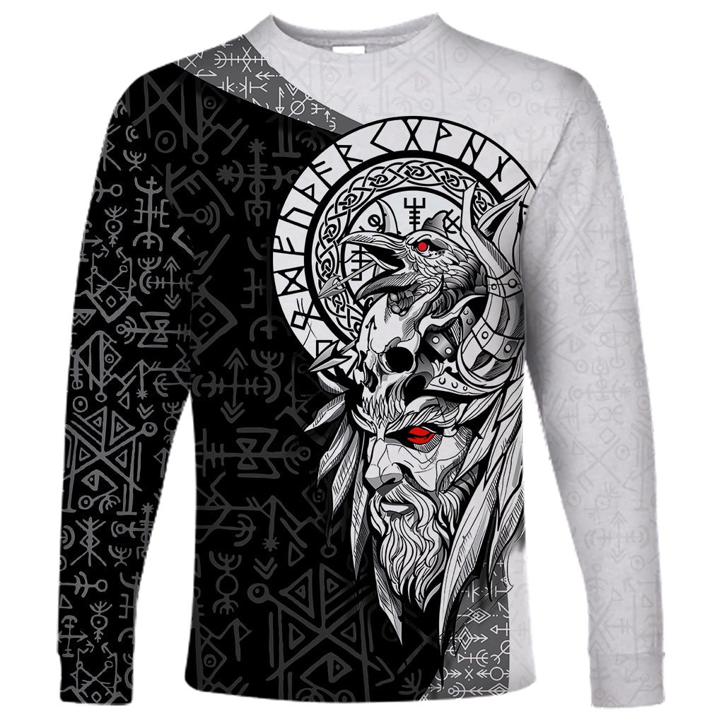 Viking Odin Long Sleeve Shirt Ravens of Valhalla with Helm of Awe and Ancient Rune Patterns - Wonder Print Shop