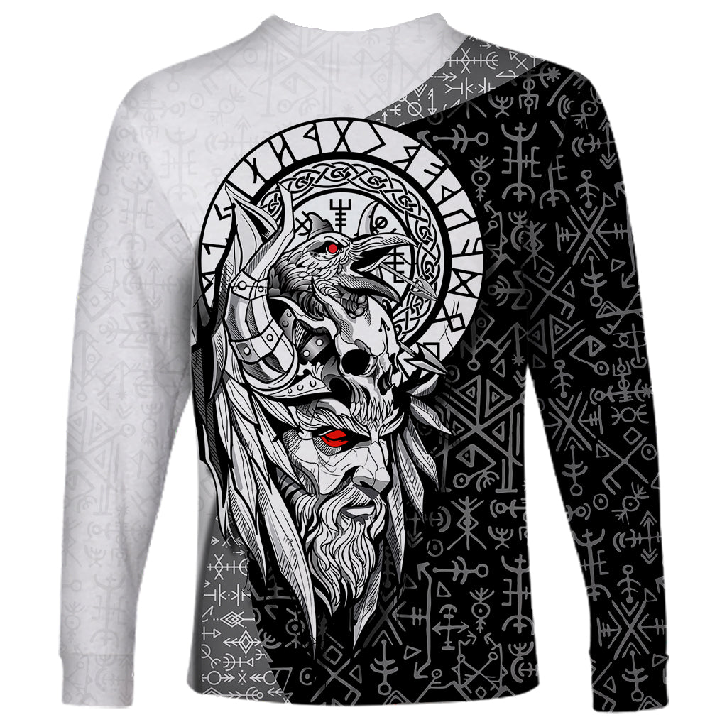 Viking Odin Long Sleeve Shirt Ravens of Valhalla with Helm of Awe and Ancient Rune Patterns - Wonder Print Shop