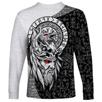 Viking Odin Long Sleeve Shirt Ravens of Valhalla with Helm of Awe and Ancient Rune Patterns - Wonder Print Shop