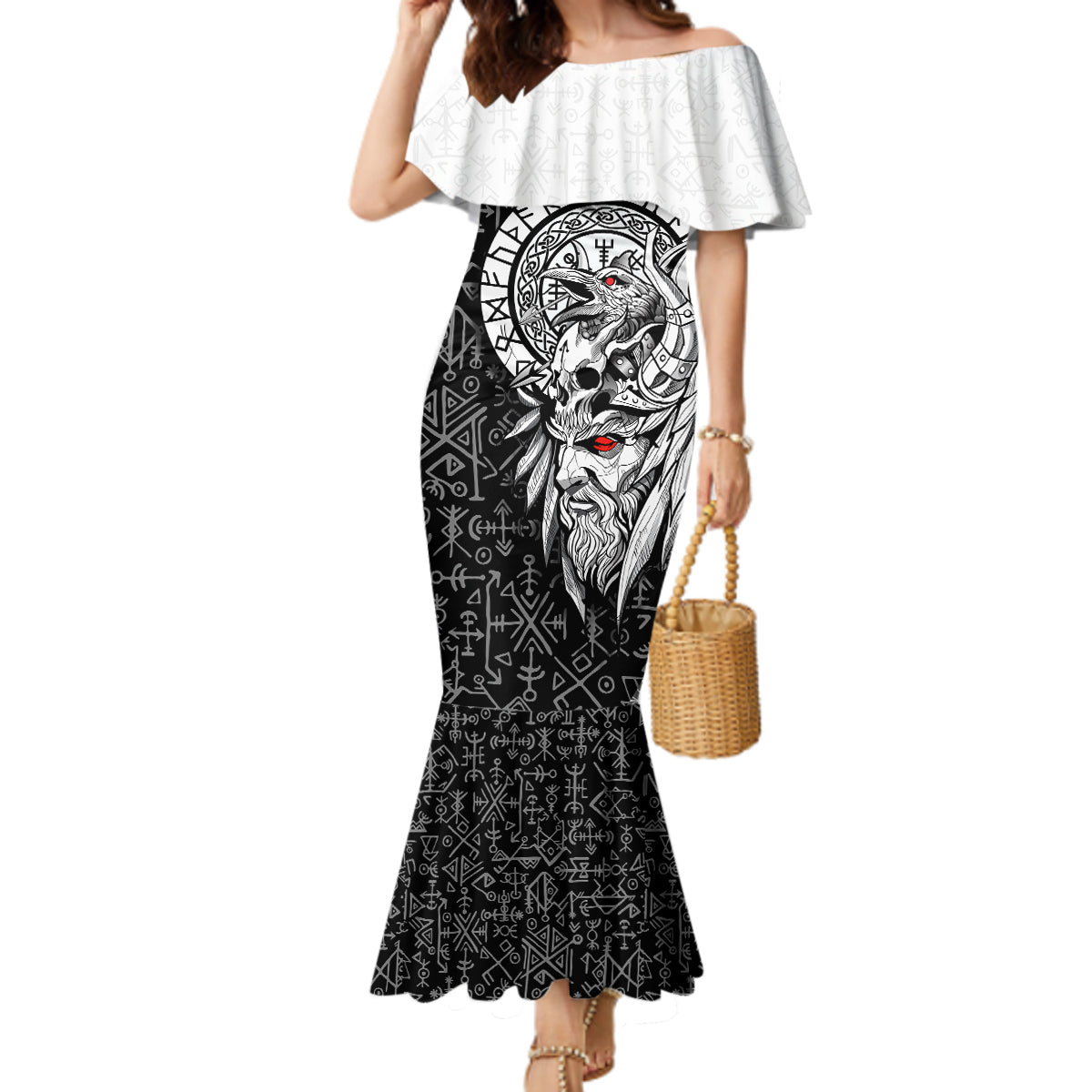 Viking Odin Mermaid Dress Ravens of Valhalla with Helm of Awe and Ancient Rune Patterns - Wonder Print Shop