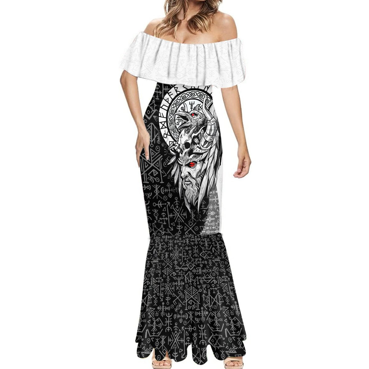 Viking Odin Mermaid Dress Ravens of Valhalla with Helm of Awe and Ancient Rune Patterns - Wonder Print Shop