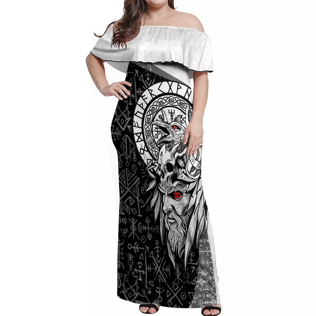 Viking Odin Off Shoulder Maxi Dress Ravens of Valhalla with Helm of Awe and Ancient Rune Patterns - Wonder Print Shop