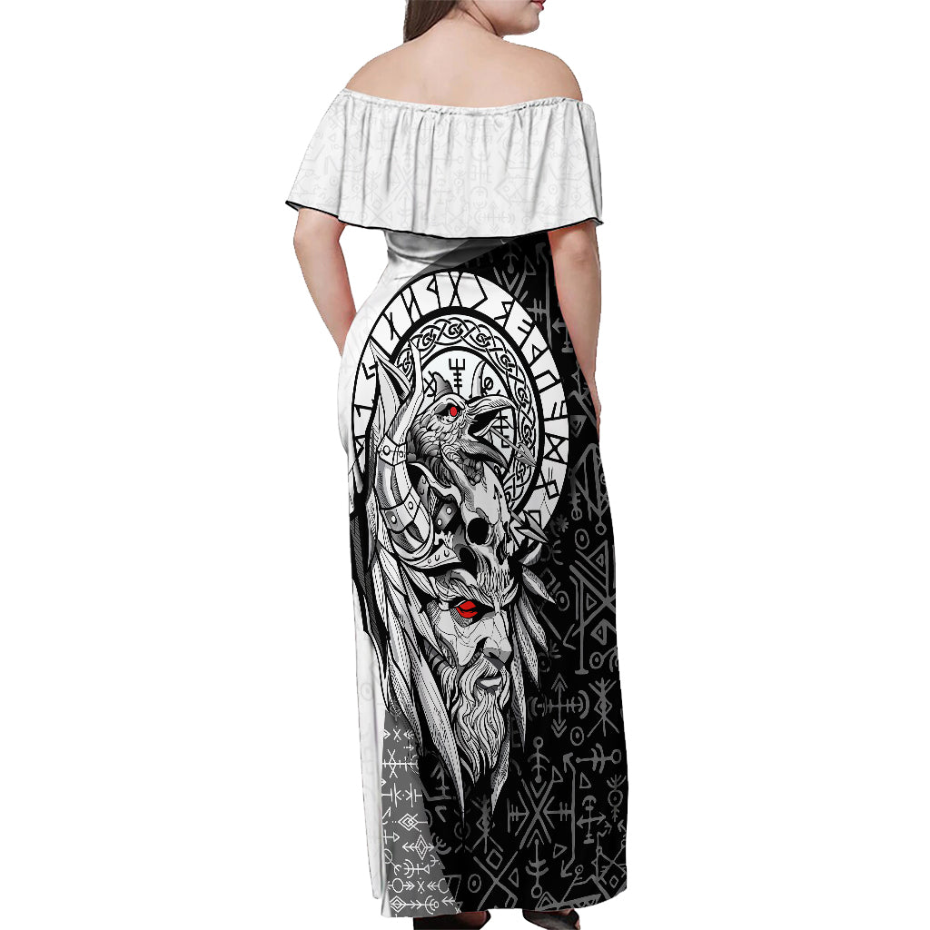 Viking Odin Off Shoulder Maxi Dress Ravens of Valhalla with Helm of Awe and Ancient Rune Patterns - Wonder Print Shop