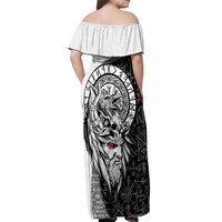 Viking Odin Off Shoulder Maxi Dress Ravens of Valhalla with Helm of Awe and Ancient Rune Patterns - Wonder Print Shop