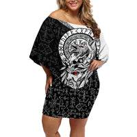 Viking Odin Off Shoulder Short Dress Ravens of Valhalla with Helm of Awe and Ancient Rune Patterns - Wonder Print Shop
