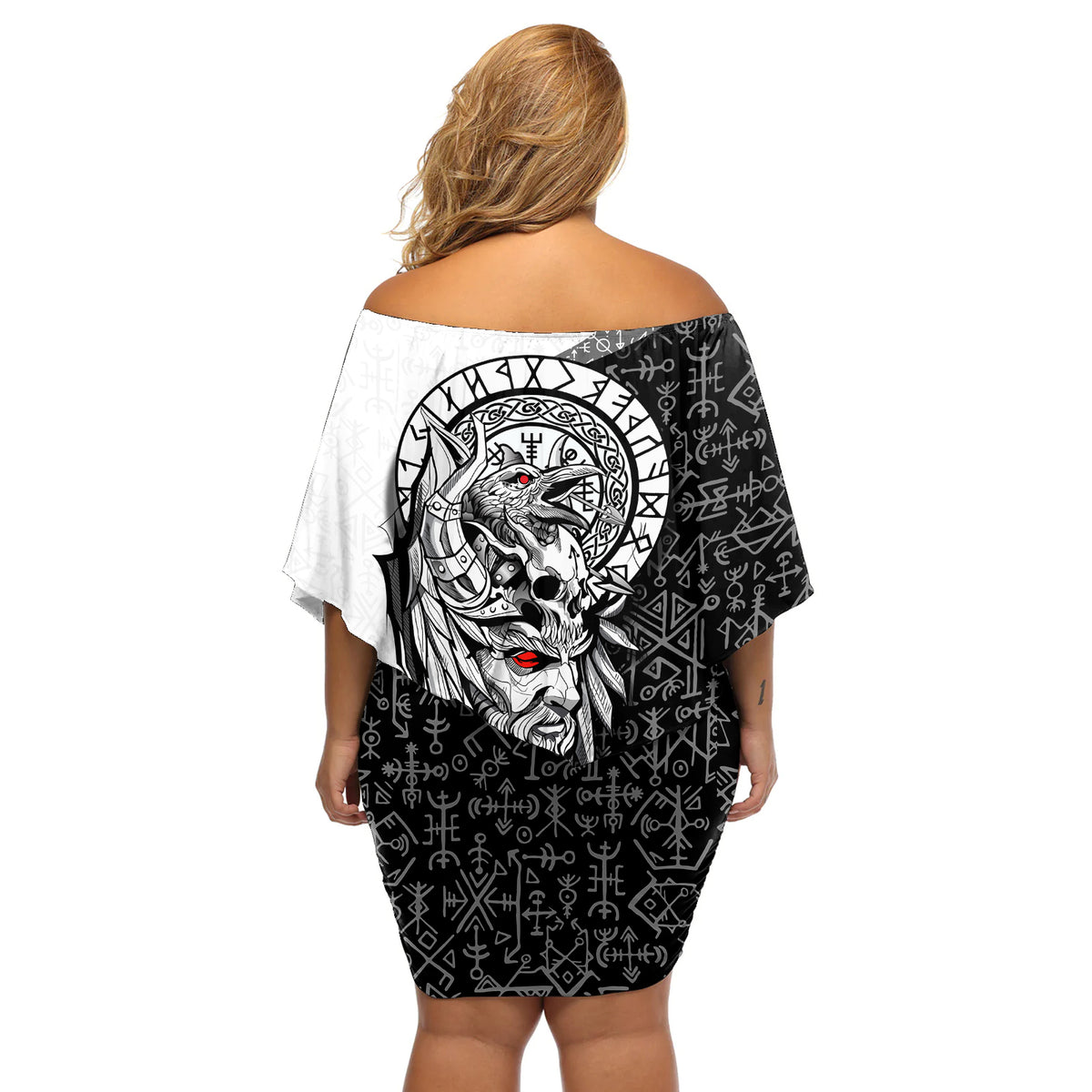 Viking Odin Off Shoulder Short Dress Ravens of Valhalla with Helm of Awe and Ancient Rune Patterns - Wonder Print Shop