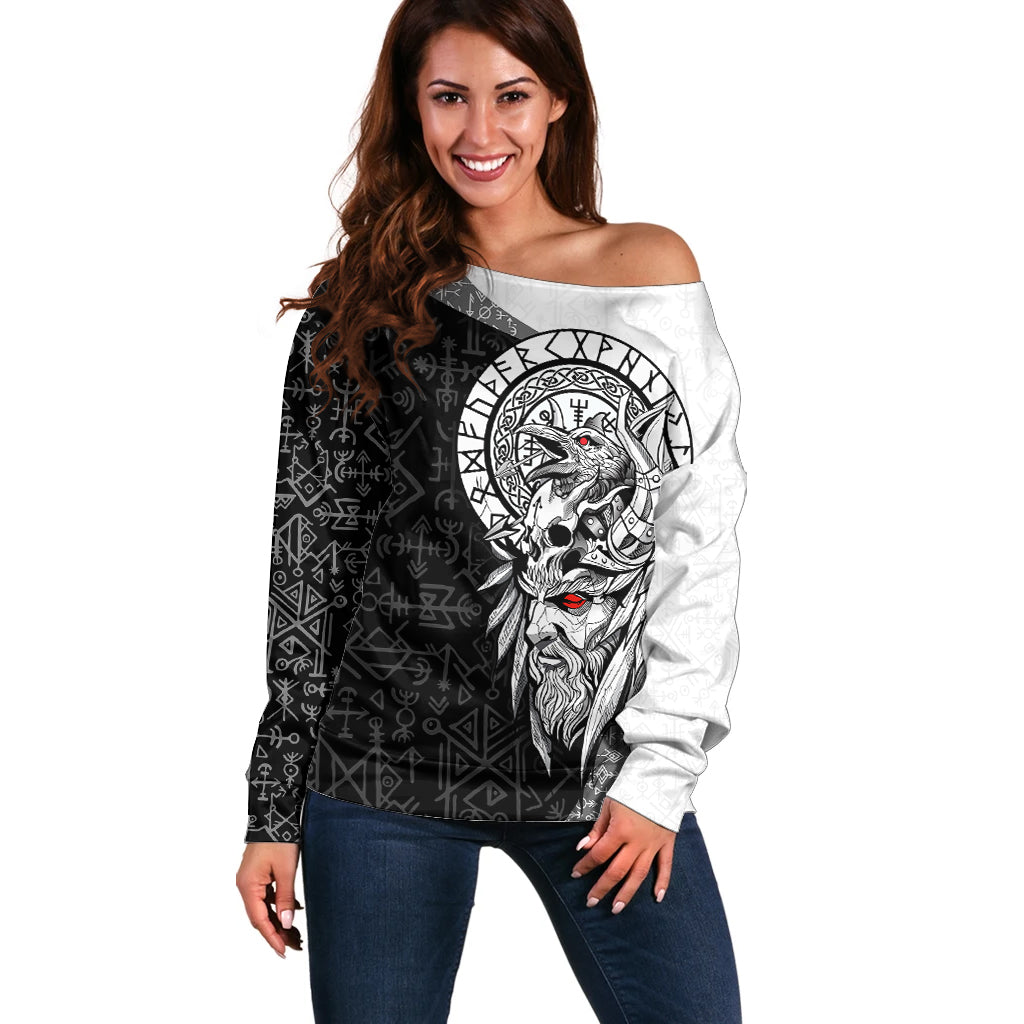 Viking Odin Off Shoulder Sweater Ravens of Valhalla with Helm of Awe and Ancient Rune Patterns - Wonder Print Shop