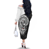 Viking Odin Off The Shoulder Long Sleeve Dress Ravens of Valhalla with Helm of Awe and Ancient Rune Patterns - Wonder Print Shop
