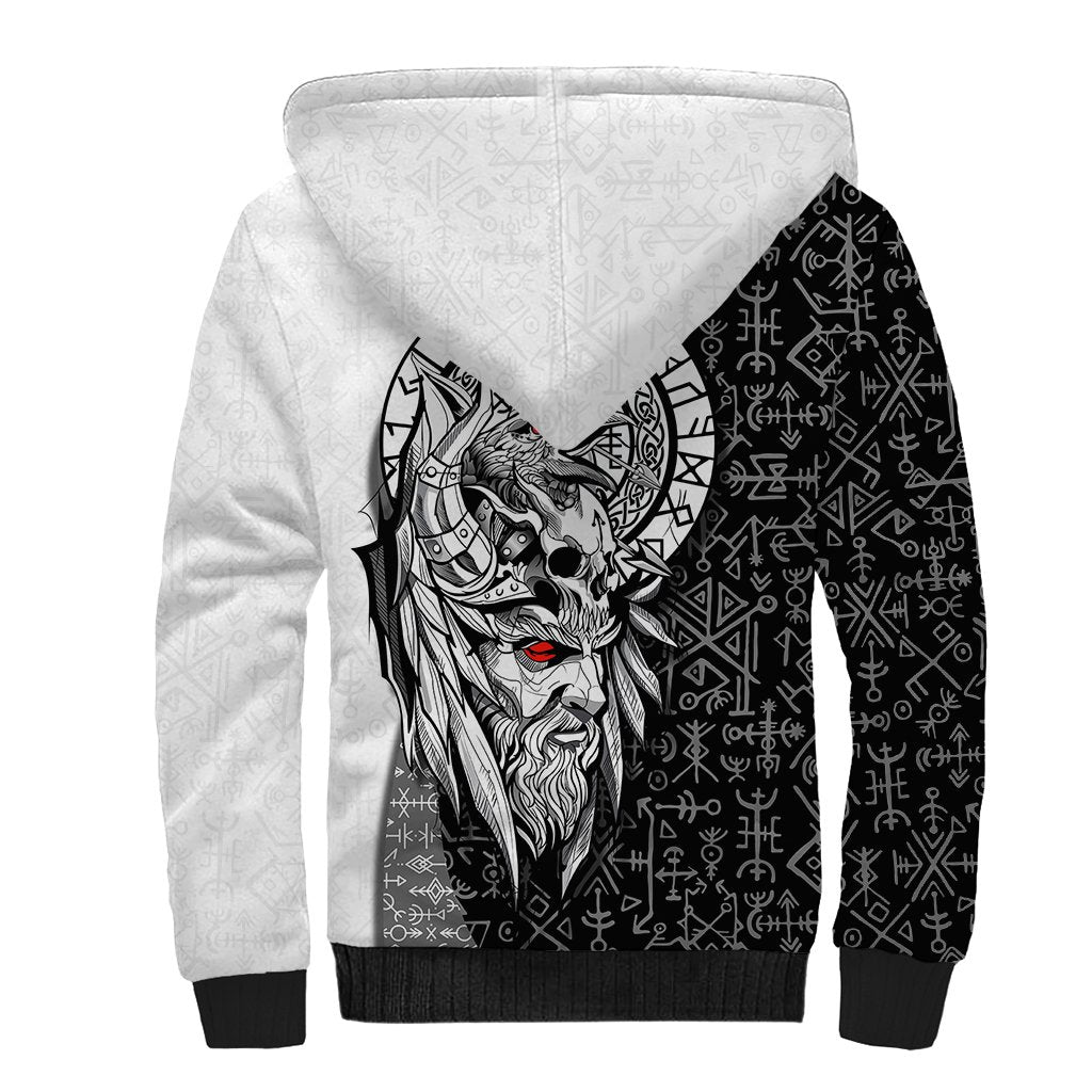 Viking Odin Sherpa Hoodie Ravens of Valhalla with Helm of Awe and Ancient Rune Patterns - Wonder Print Shop