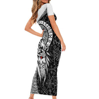 Viking Odin Short Sleeve Bodycon Dress Ravens of Valhalla with Helm of Awe and Ancient Rune Patterns - Wonder Print Shop