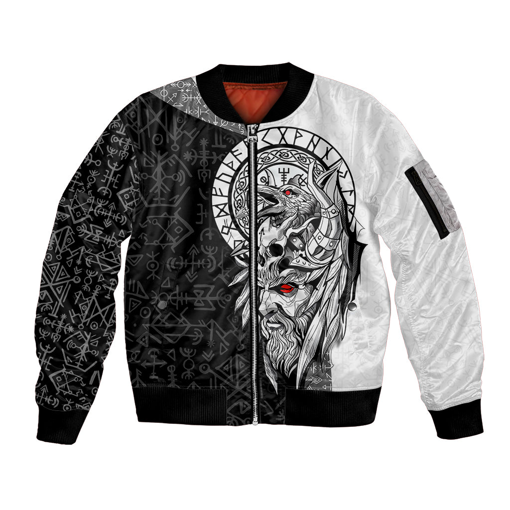 Viking Odin Sleeve Zip Bomber Jacket Ravens of Valhalla with Helm of Awe and Ancient Rune Patterns - Wonder Print Shop