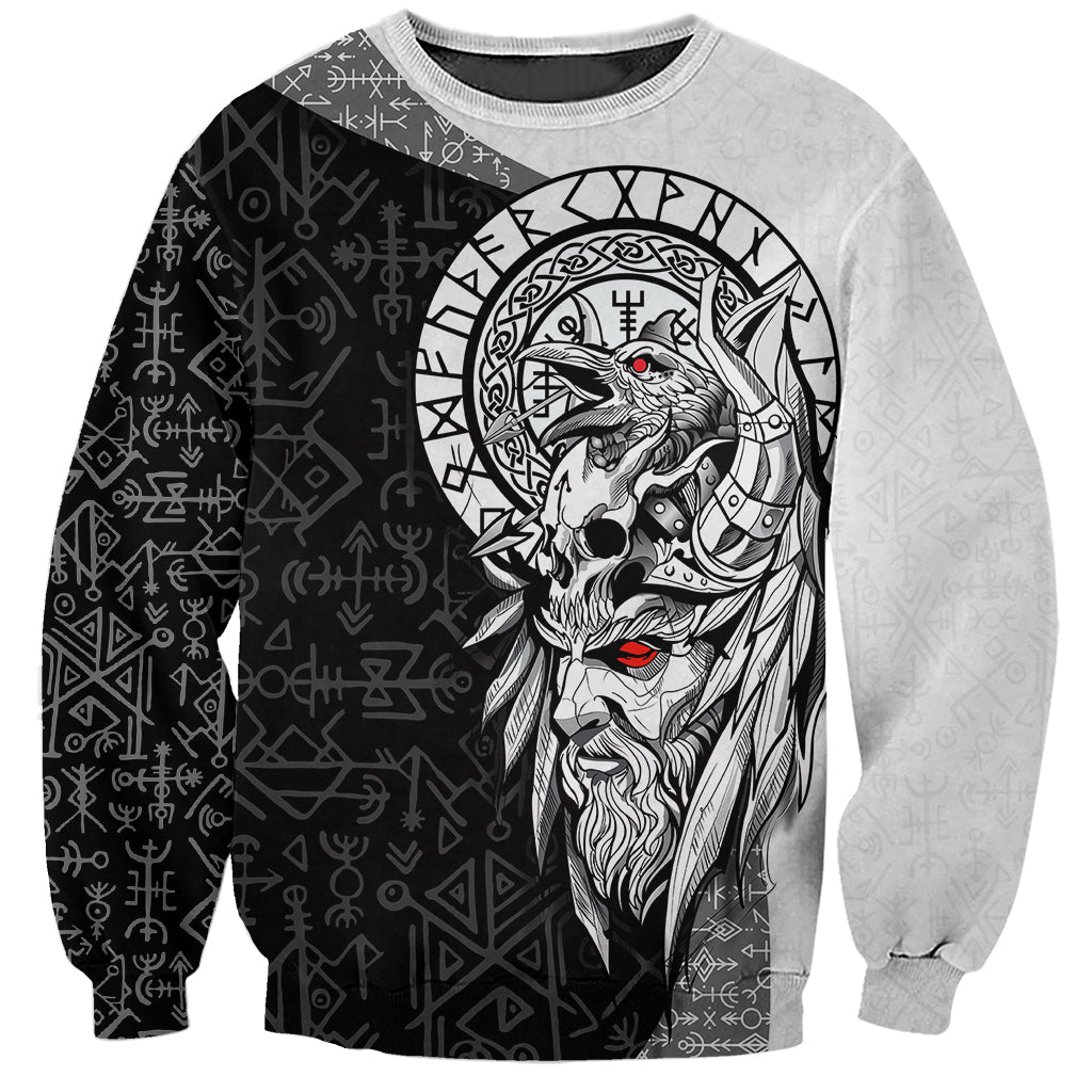Viking Odin Sweatshirt Ravens of Valhalla with Helm of Awe and Ancient Rune Patterns - Wonder Print Shop
