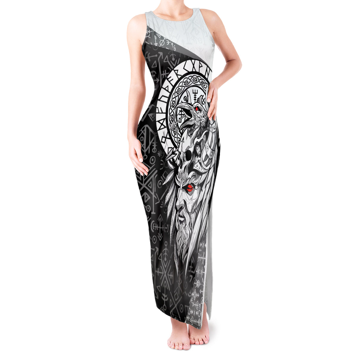 Viking Odin Tank Maxi Dress Ravens of Valhalla with Helm of Awe and Ancient Rune Patterns - Wonder Print Shop