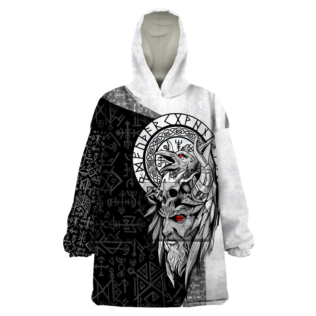 Viking Odin Wearable Blanket Hoodie Ravens of Valhalla with Helm of Awe and Ancient Rune Patterns - Wonder Print Shop