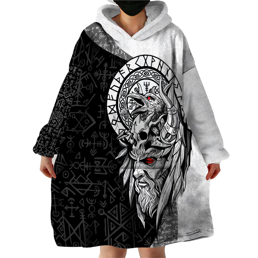 Viking Odin Wearable Blanket Hoodie Ravens of Valhalla with Helm of Awe and Ancient Rune Patterns - Wonder Print Shop