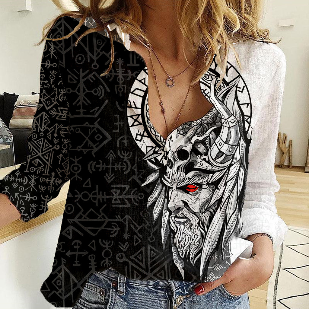 Viking Odin Women Casual Shirt Ravens of Valhalla with Helm of Awe and Ancient Rune Patterns - Wonder Print Shop