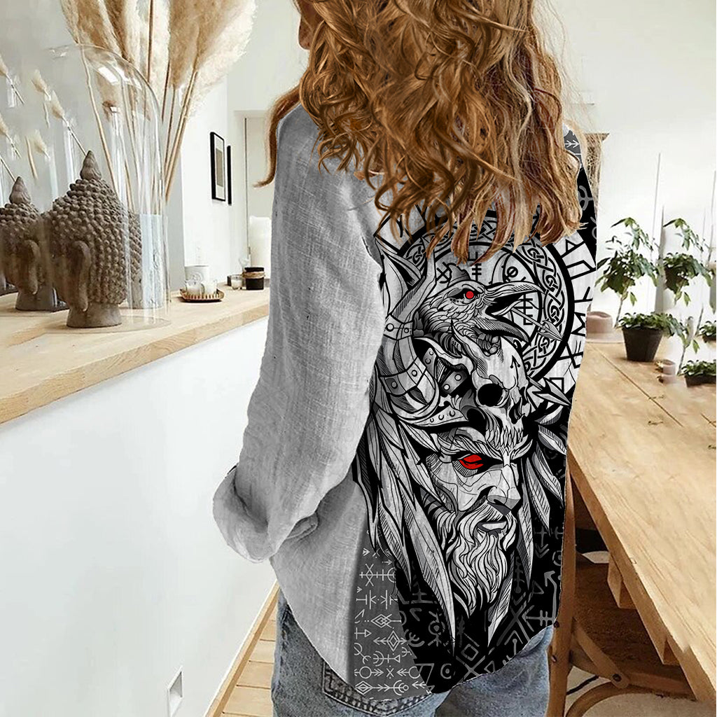 Viking Odin Women Casual Shirt Ravens of Valhalla with Helm of Awe and Ancient Rune Patterns - Wonder Print Shop