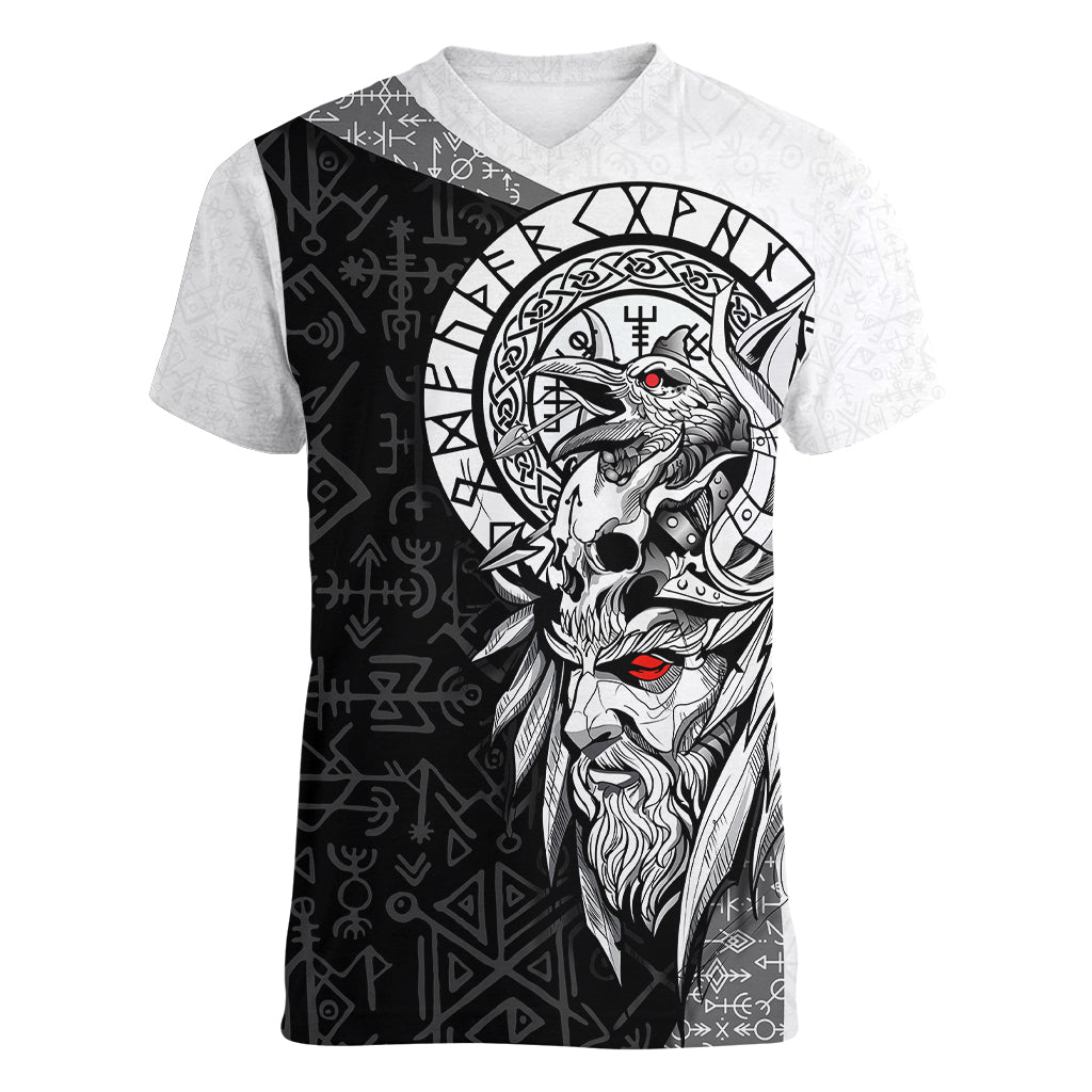 Viking Odin Women V Neck T Shirt Ravens of Valhalla with Helm of Awe and Ancient Rune Patterns - Wonder Print Shop