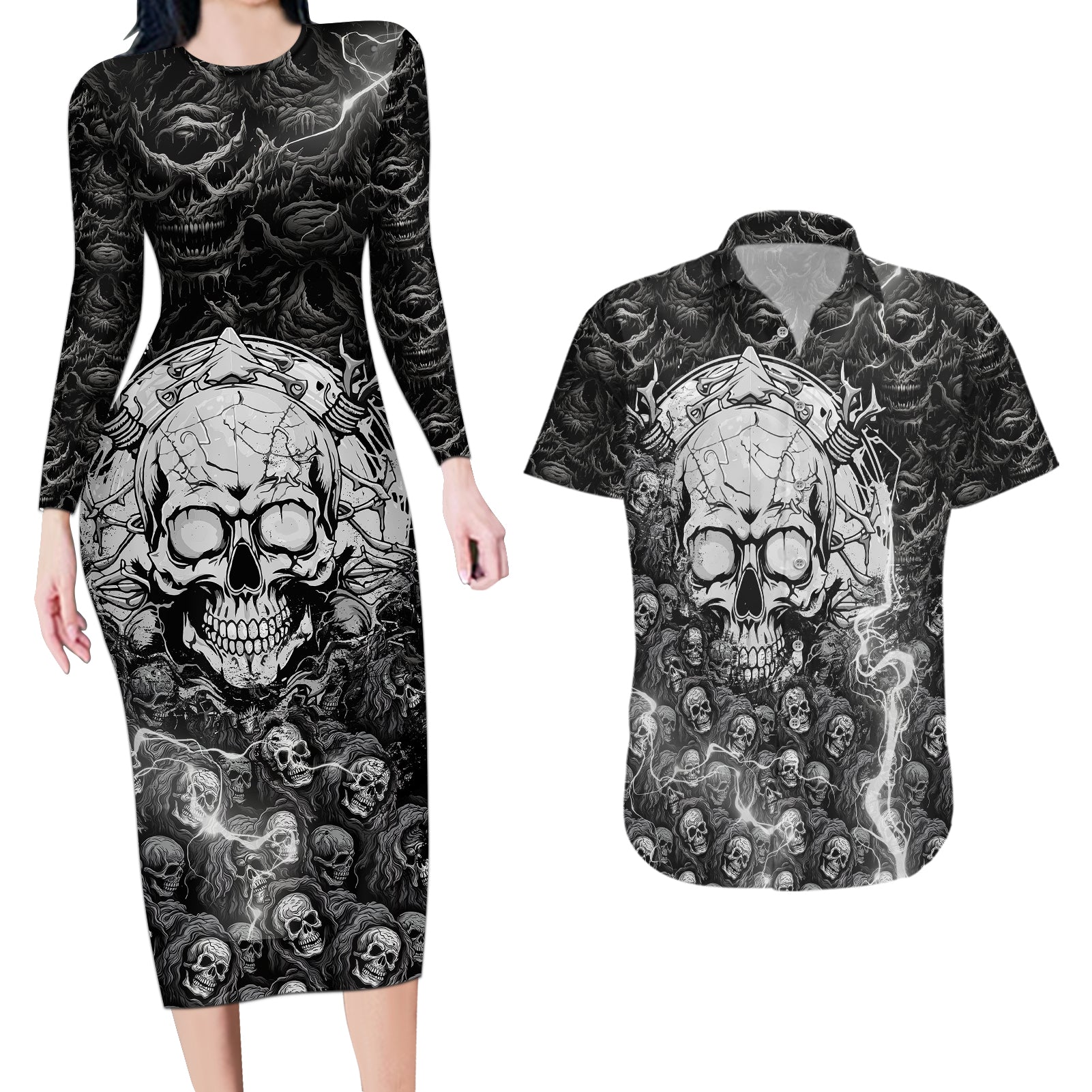 Skull Couples Matching Long Sleeve Bodycon Dress and Hawaiian Shirt Your Demons Hide Under Your Bed Mine Hide Inside My Head - Wonder Print Shop
