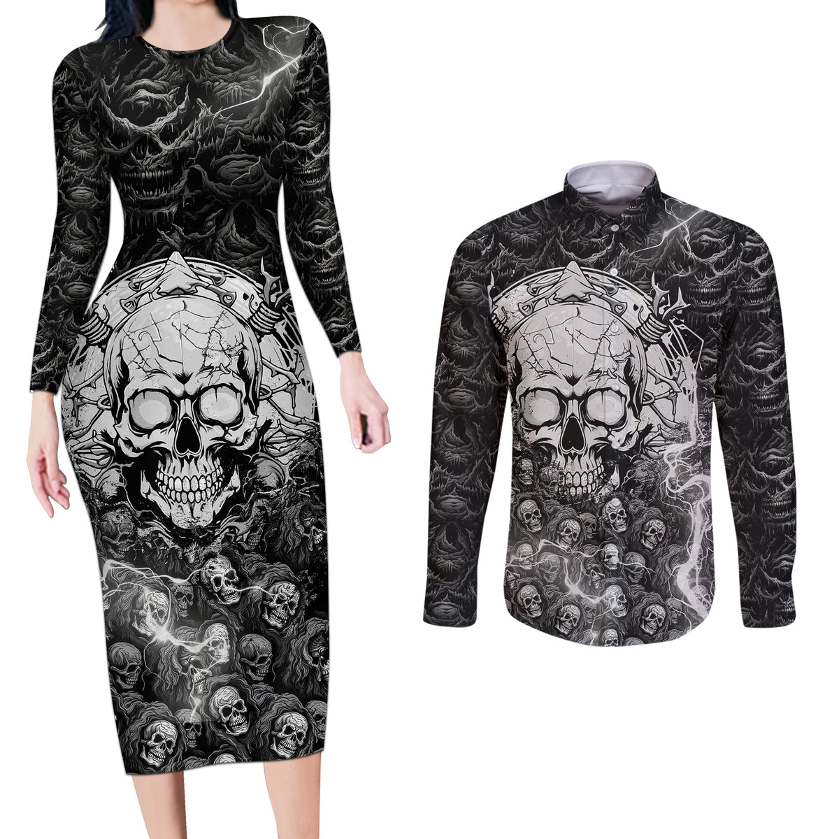 Skull Couples Matching Long Sleeve Bodycon Dress and Long Sleeve Button Shirts Your Demons Hide Under Your Bed Mine Hide Inside My Head - Wonder Print Shop