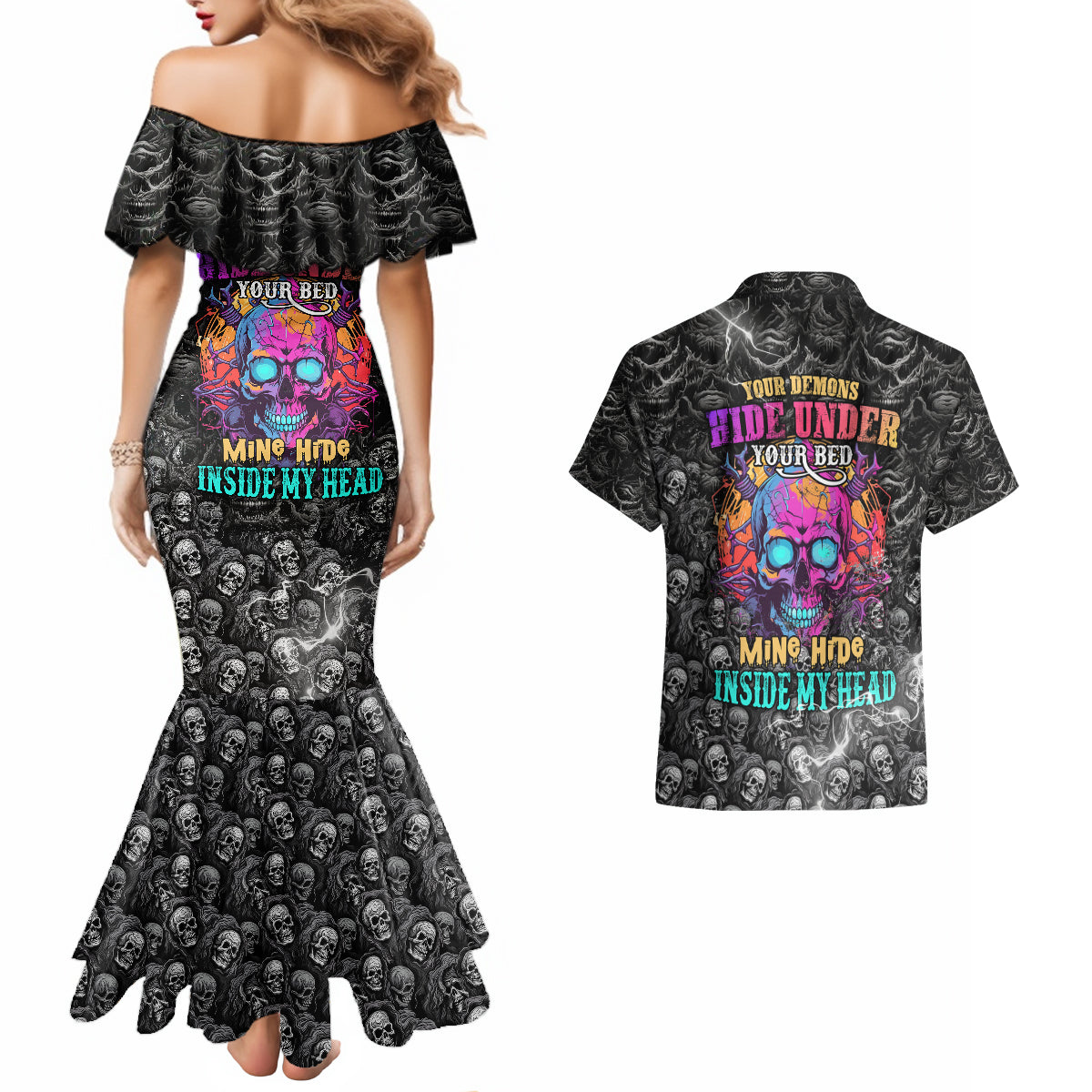 Skull Couples Matching Mermaid Dress and Hawaiian Shirt Your Demons Hide Under Your Bed Mine Hide Inside My Head - Wonder Print Shop