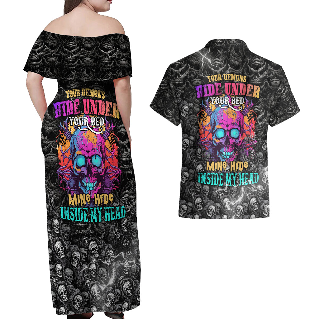 Skull Couples Matching Off Shoulder Maxi Dress and Hawaiian Shirt Your Demons Hide Under Your Bed Mine Hide Inside My Head - Wonder Print Shop