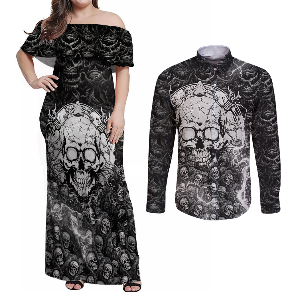 Skull Couples Matching Off Shoulder Maxi Dress and Long Sleeve Button Shirts Your Demons Hide Under Your Bed Mine Hide Inside My Head - Wonder Print Shop