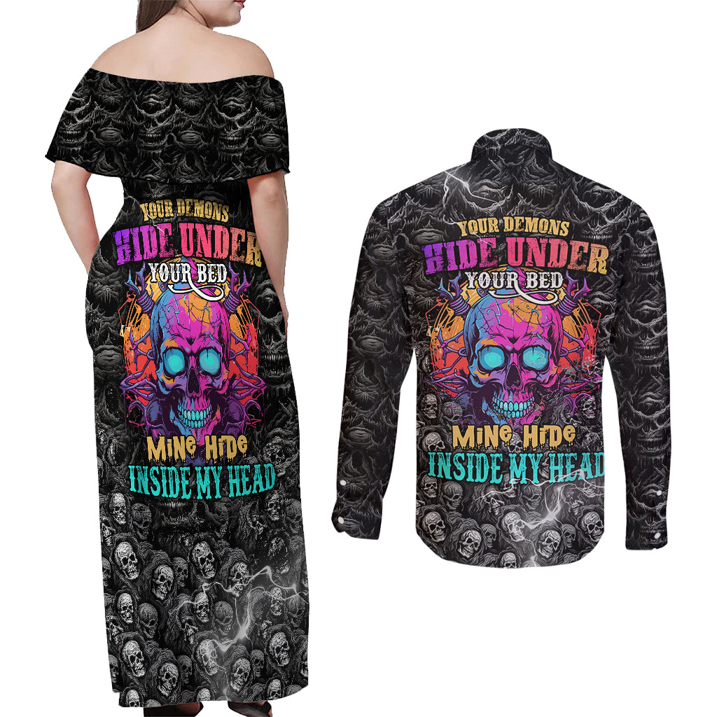 Skull Couples Matching Off Shoulder Maxi Dress and Long Sleeve Button Shirts Your Demons Hide Under Your Bed Mine Hide Inside My Head - Wonder Print Shop