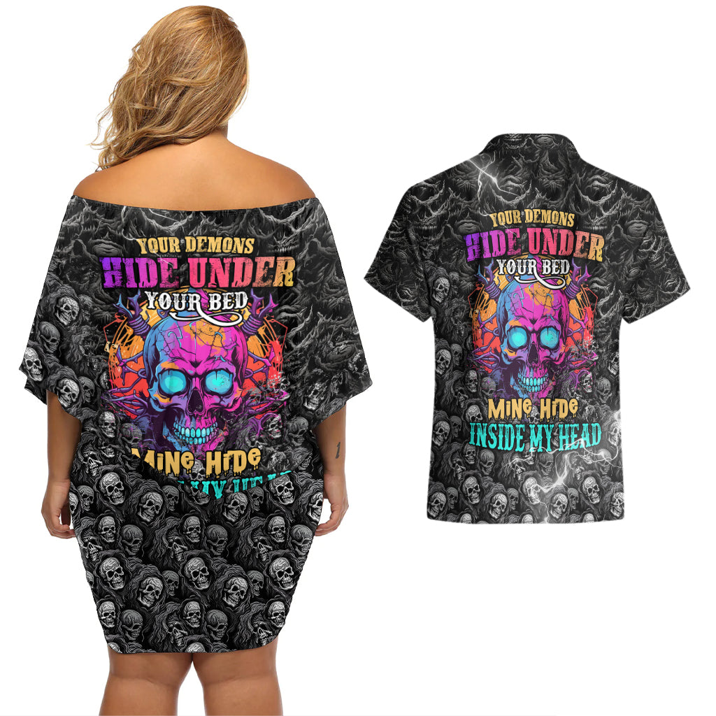 Skull Couples Matching Off Shoulder Short Dress and Hawaiian Shirt Your Demons Hide Under Your Bed Mine Hide Inside My Head - Wonder Print Shop