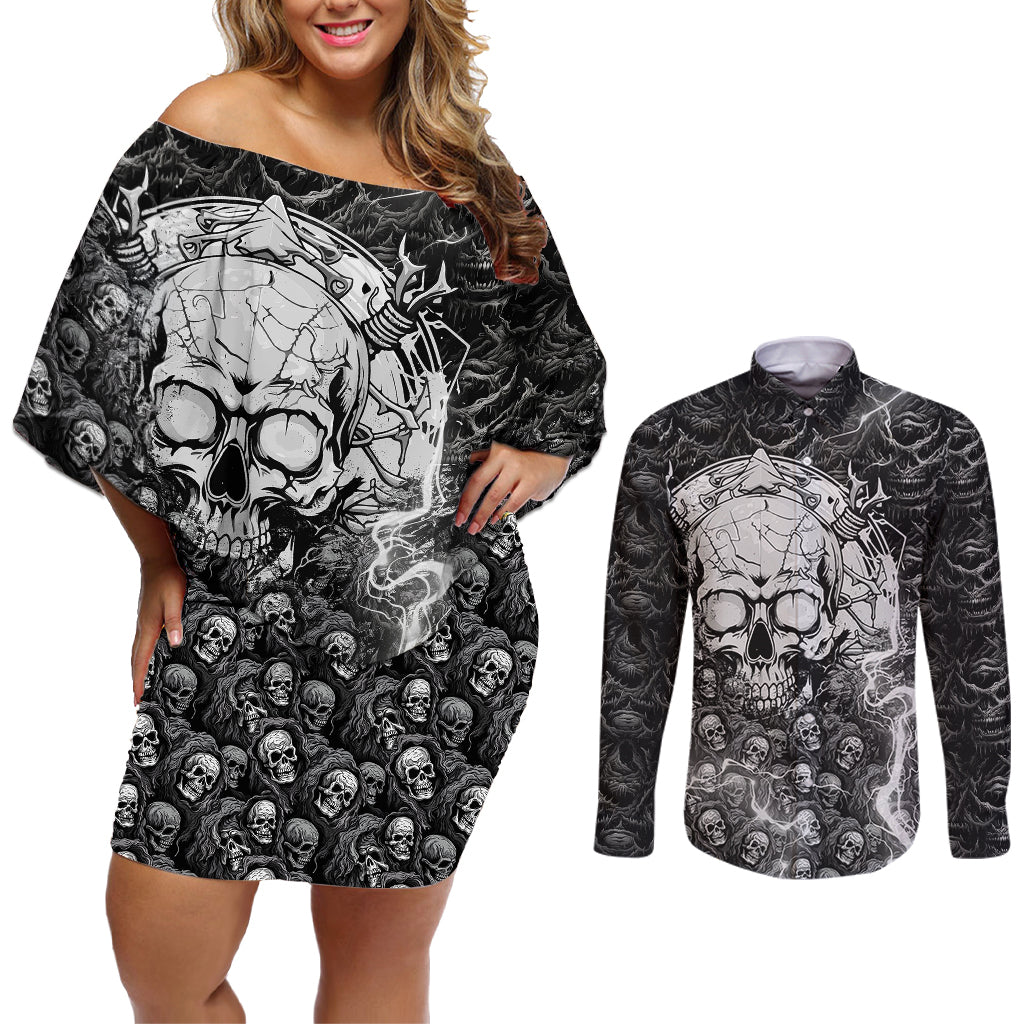 Skull Couples Matching Off Shoulder Short Dress and Long Sleeve Button Shirts Your Demons Hide Under Your Bed Mine Hide Inside My Head - Wonder Print Shop