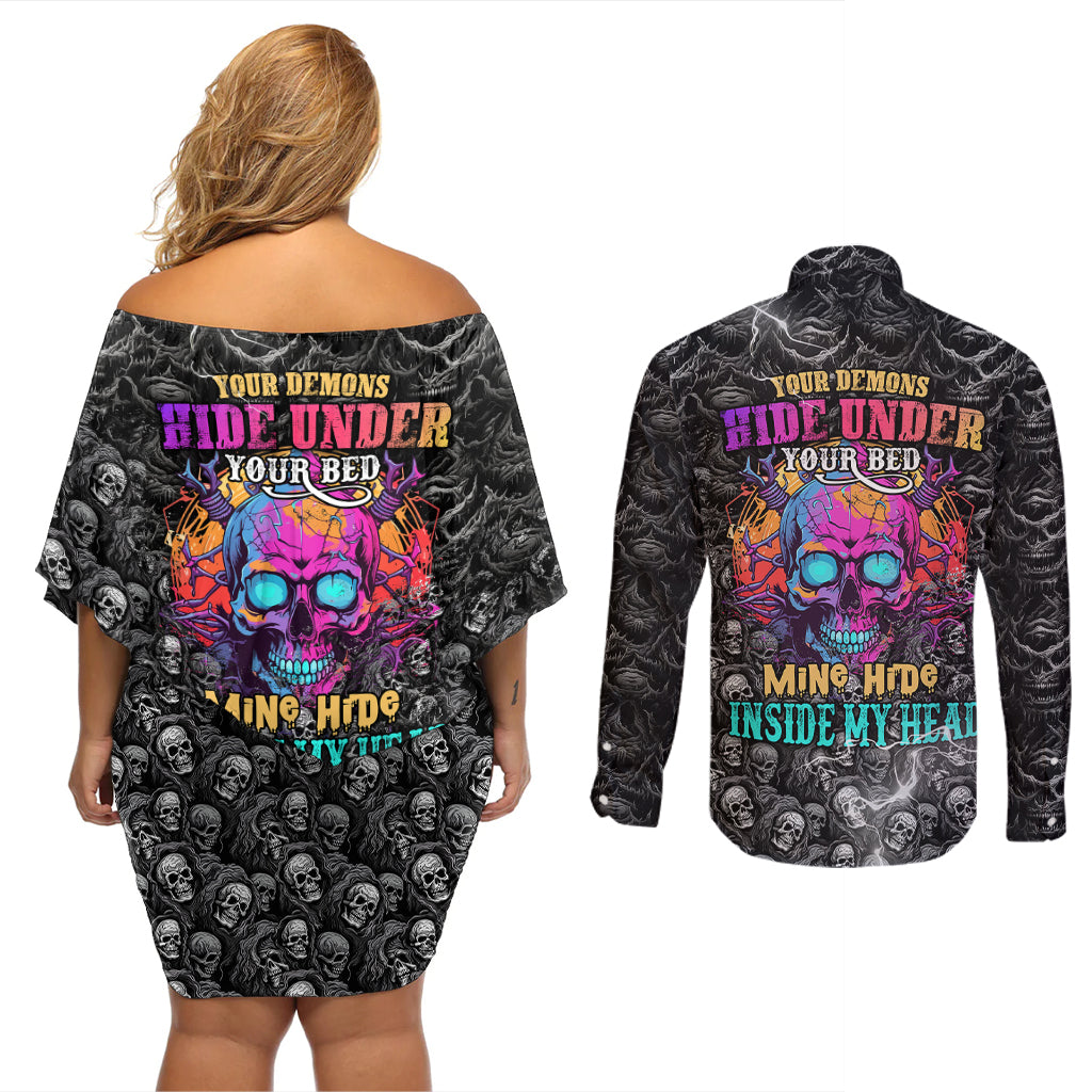 Skull Couples Matching Off Shoulder Short Dress and Long Sleeve Button Shirts Your Demons Hide Under Your Bed Mine Hide Inside My Head - Wonder Print Shop