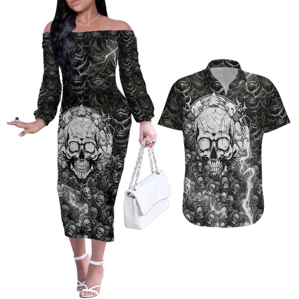 Skull Couples Matching Off The Shoulder Long Sleeve Dress and Hawaiian Shirt Your Demons Hide Under Your Bed Mine Hide Inside My Head - Wonder Print Shop