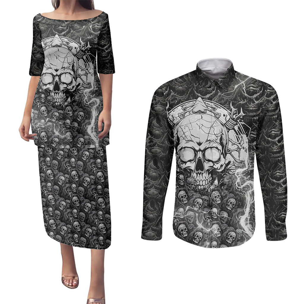 Skull Couples Matching Puletasi Dress and Long Sleeve Button Shirts Your Demons Hide Under Your Bed Mine Hide Inside My Head - Wonder Print Shop